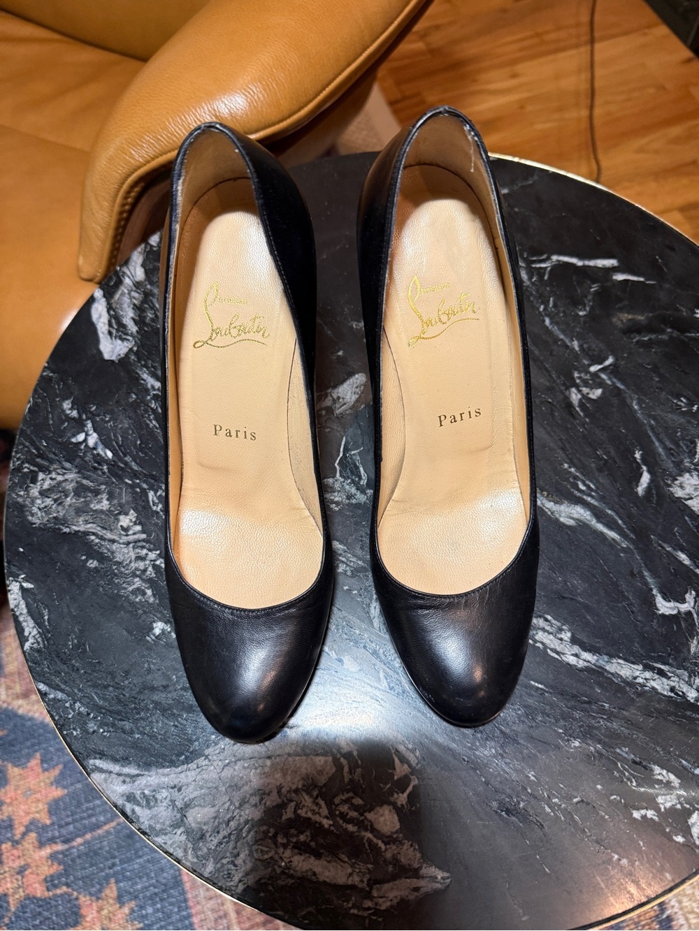 Christian Louboutin Black Leather Round-Toe Pumps